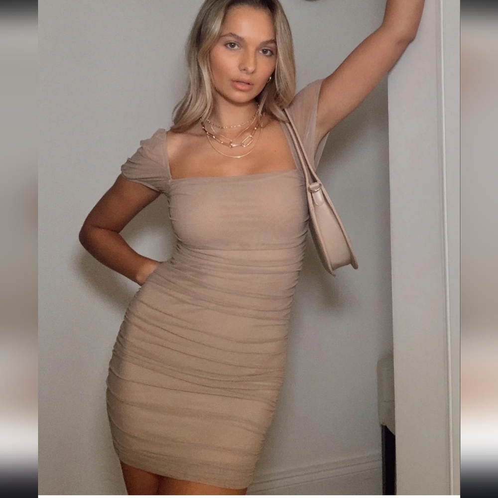 Princess Polly Charvi Ruched Nude Tan Dress